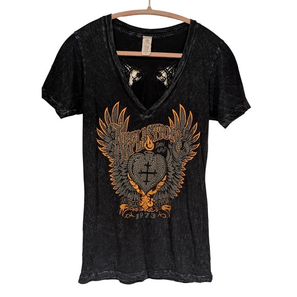 Affliction Tops - Affliction V-Neck T-Shirt Small Black Acid Wash Lace Wing Back Graphic Y2K Goth